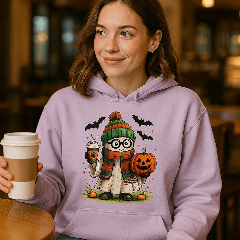 Cute Ghost Coffee Pumpkin Scene Hoodie - Fall Halloween Style