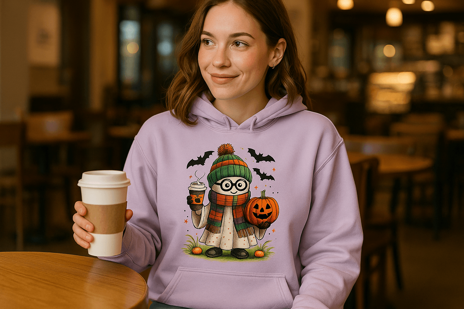 Cute Ghost Coffee Pumpkin Scene Hoodie - Fall Halloween Style