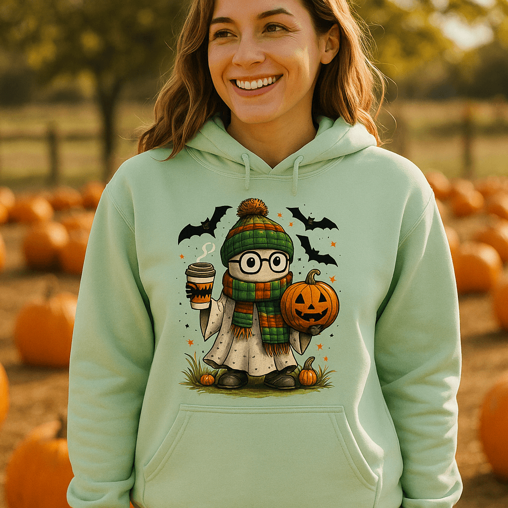 Cute Ghost Coffee Pumpkin Scene Hoodie - Fall Halloween Style