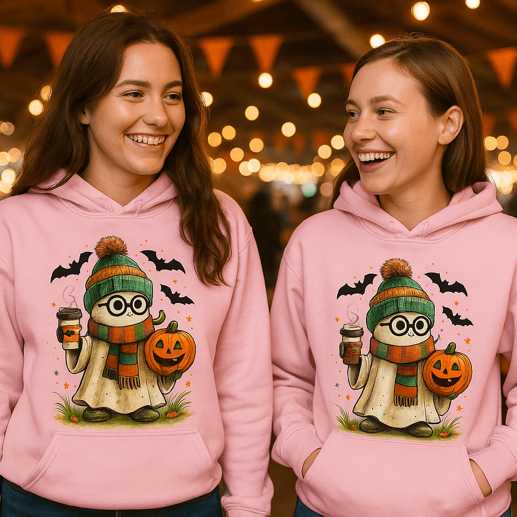 Cute Ghost Coffee Pumpkin Scene Hoodie - Fall Halloween Style