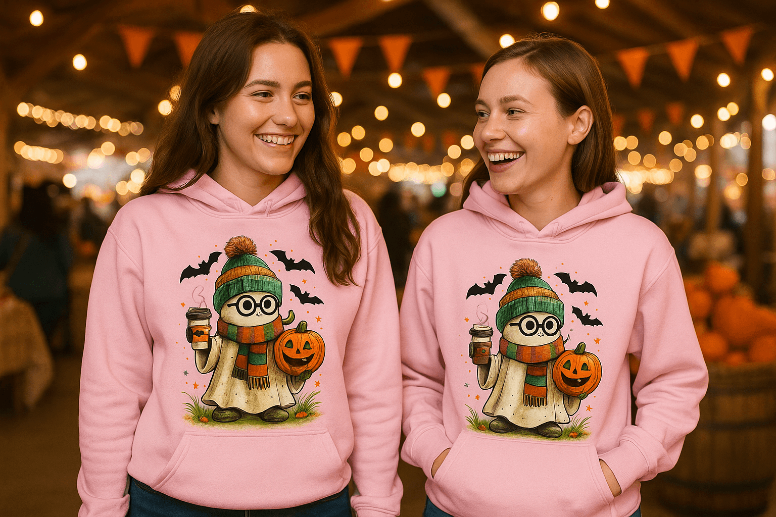 Cute Ghost Coffee Pumpkin Scene Hoodie - Fall Halloween Style