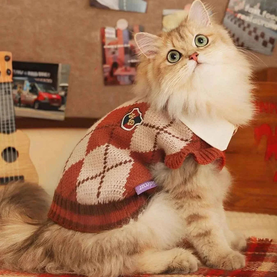 Argyle Pattern Pet Sweater - Stretchy Ruffled Top