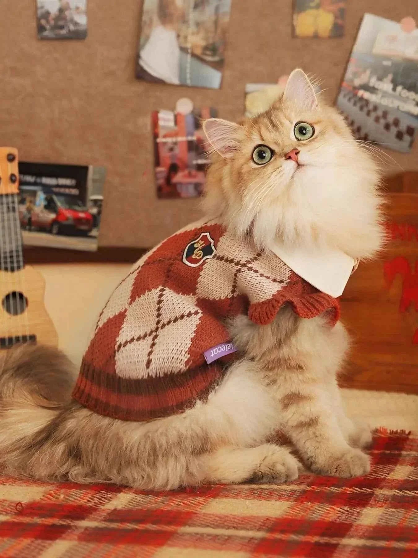 Argyle Pattern Pet Sweater - Stretchy Ruffled Top