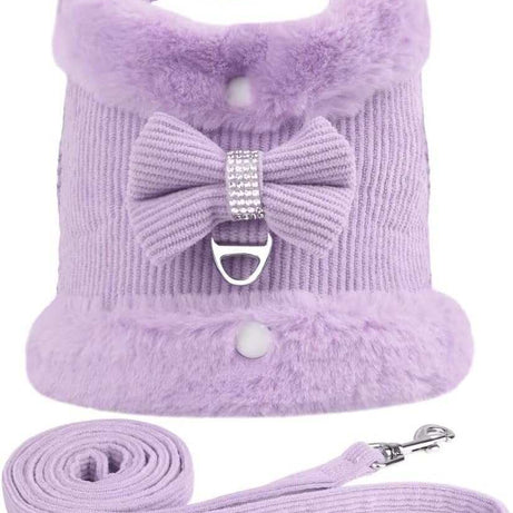 Warm Fur Collar Soft Padded Small Girl Pet Harness and Leash Set with Bow Tie