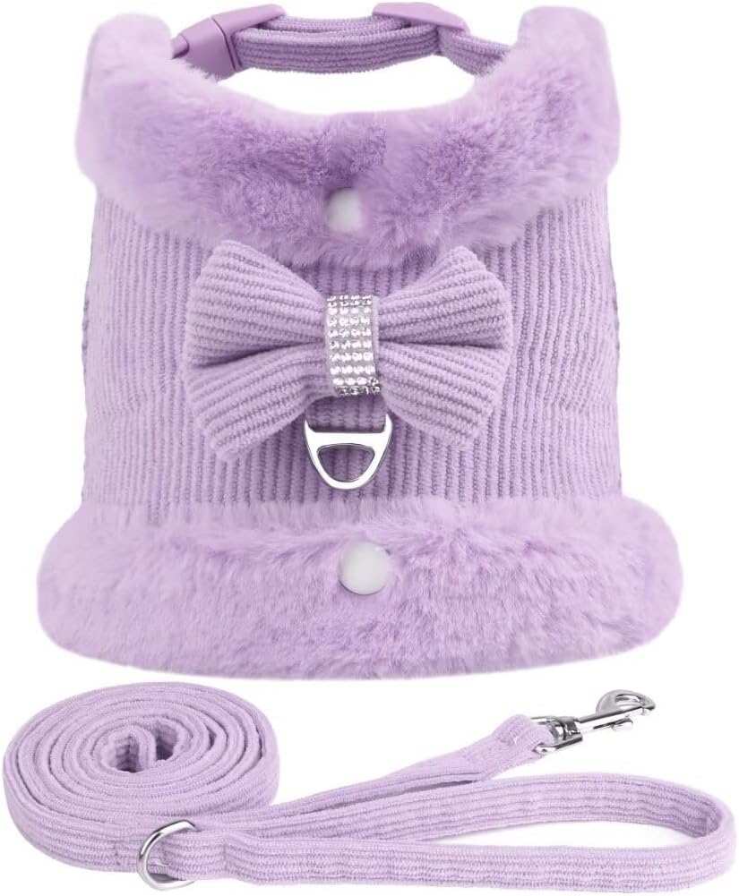 Warm Fur Collar Soft Padded Small Girl Pet Harness and Leash Set with Bow Tie