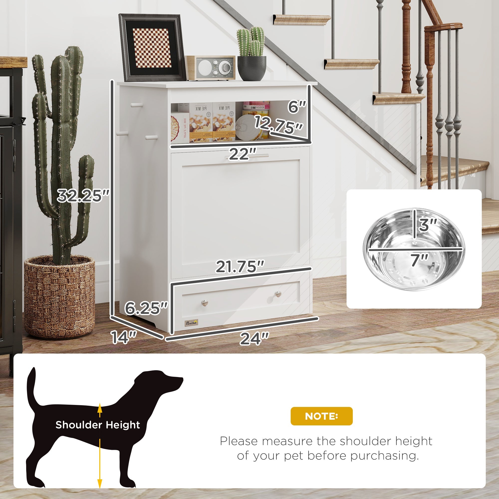 Pet Feeder Station Cabinet - Raised Bowls Storage Hooks