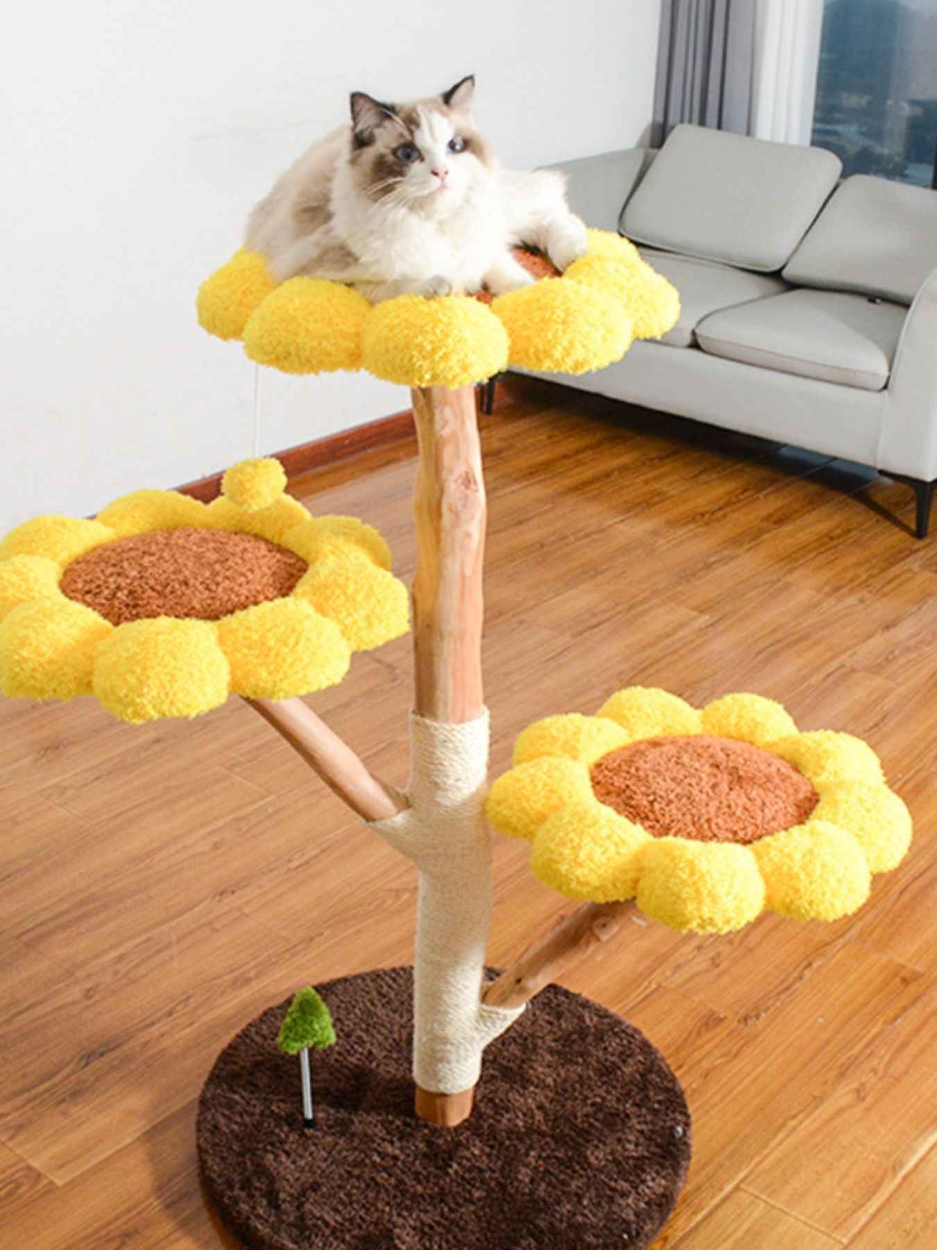 Cat Tree Sunflower Multi-Level - Wooden Condo with Perch Platforms