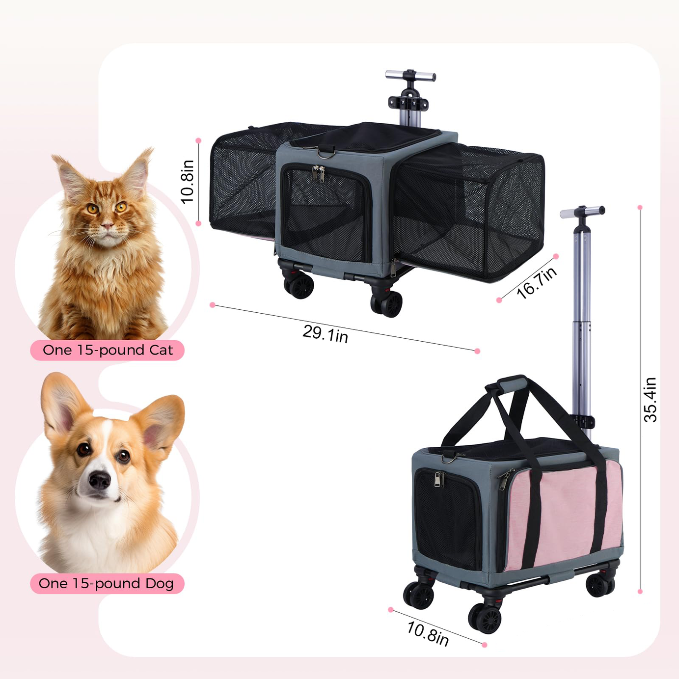 Rolling Pet Carrier with Wheels - 3-Sided Expandable Travel Bag Cats Dogs