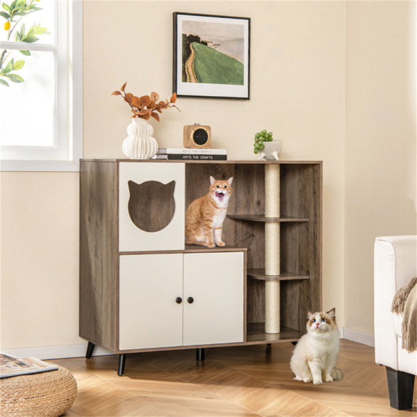 Cat Litter Box Enclosure Cabinet - 3-in-1 Scratching Post Condo Furniture