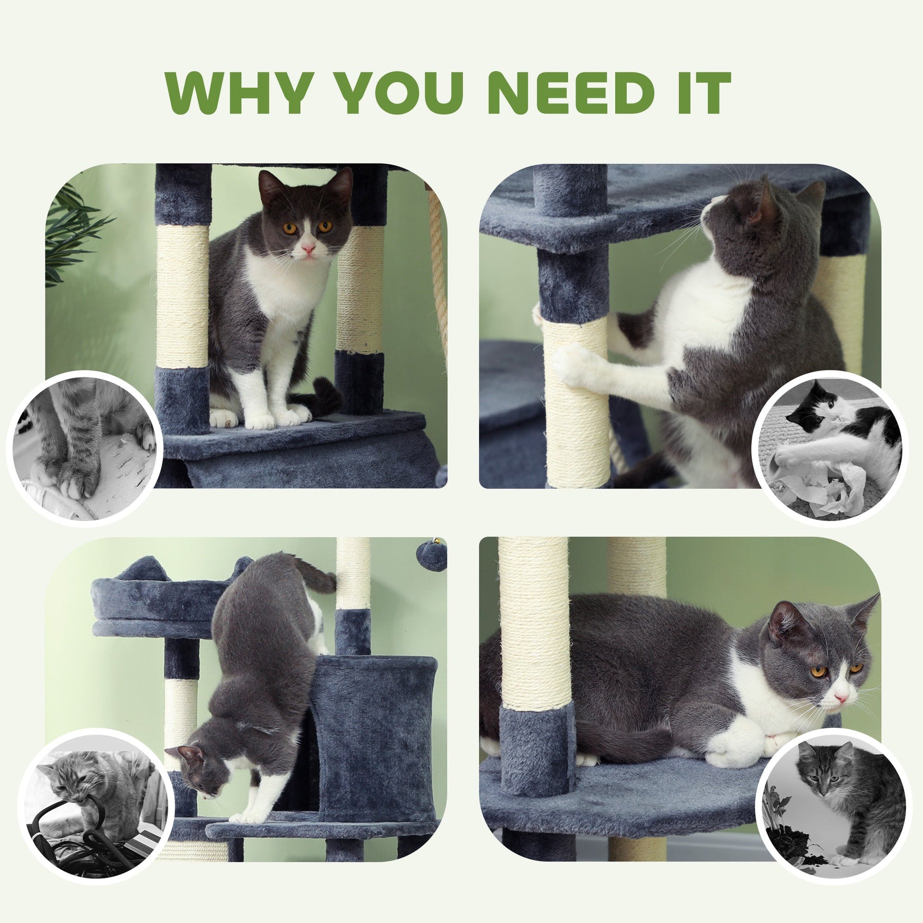 81" Cat Tree w/ Cat Scratching Posts, Scratching Board, Condos, Beds, Hammocks, Toy Balls, Rope Cat Toy, Gray