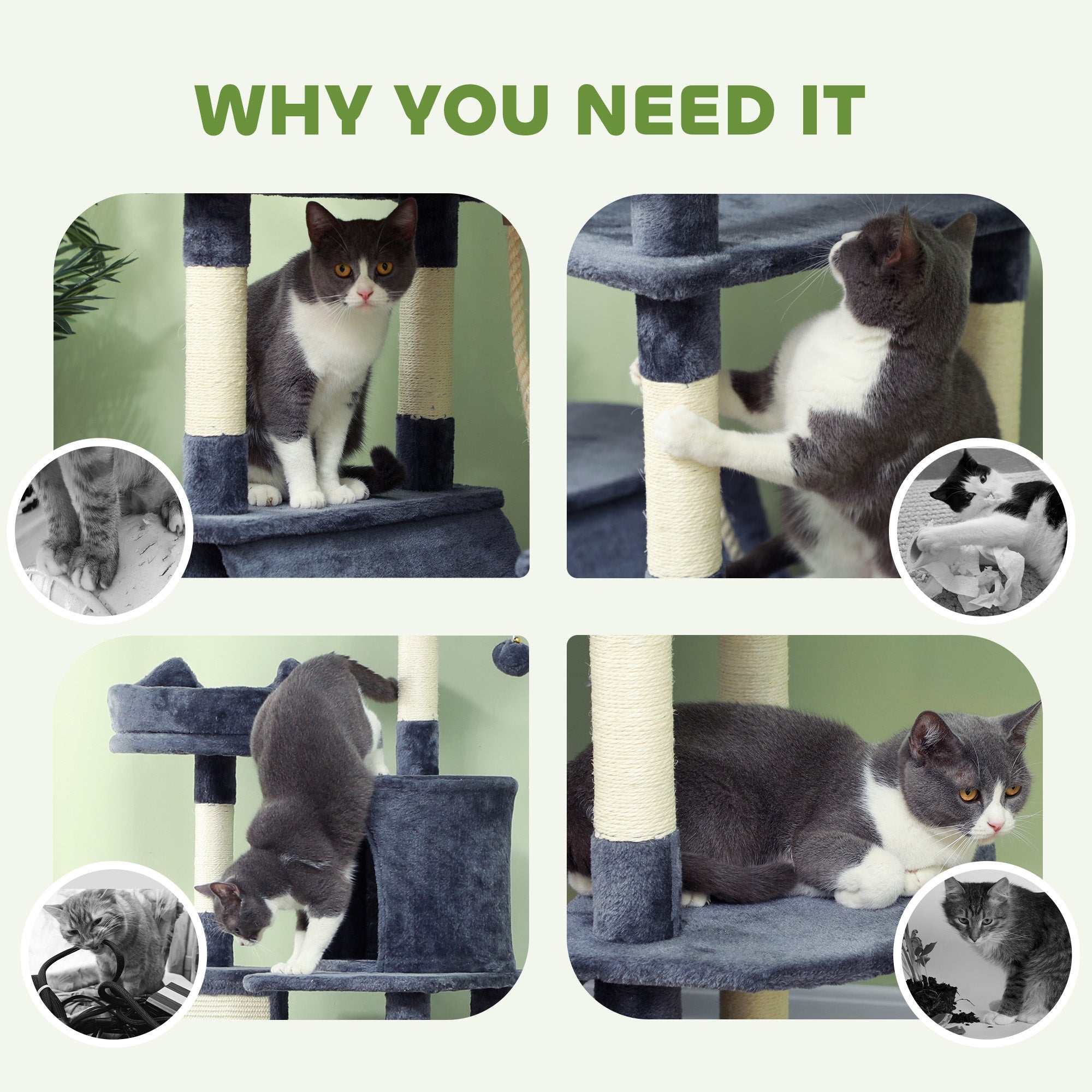81" Cat Tree w/ Cat Scratching Posts, Scratching Board, Condos, Beds, Hammocks, Toy Balls, Rope Cat Toy, Gray