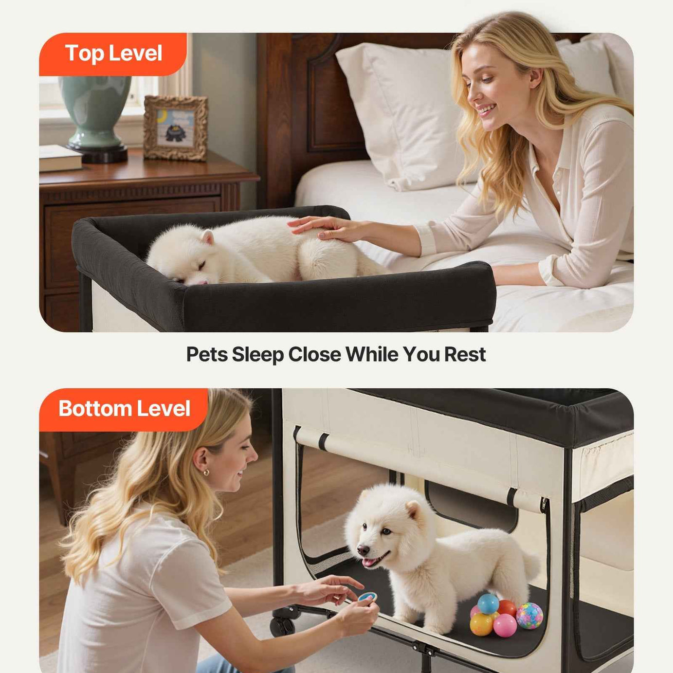 Elevated Bunk Dog Bed - Dual Level Bedside with Wheels