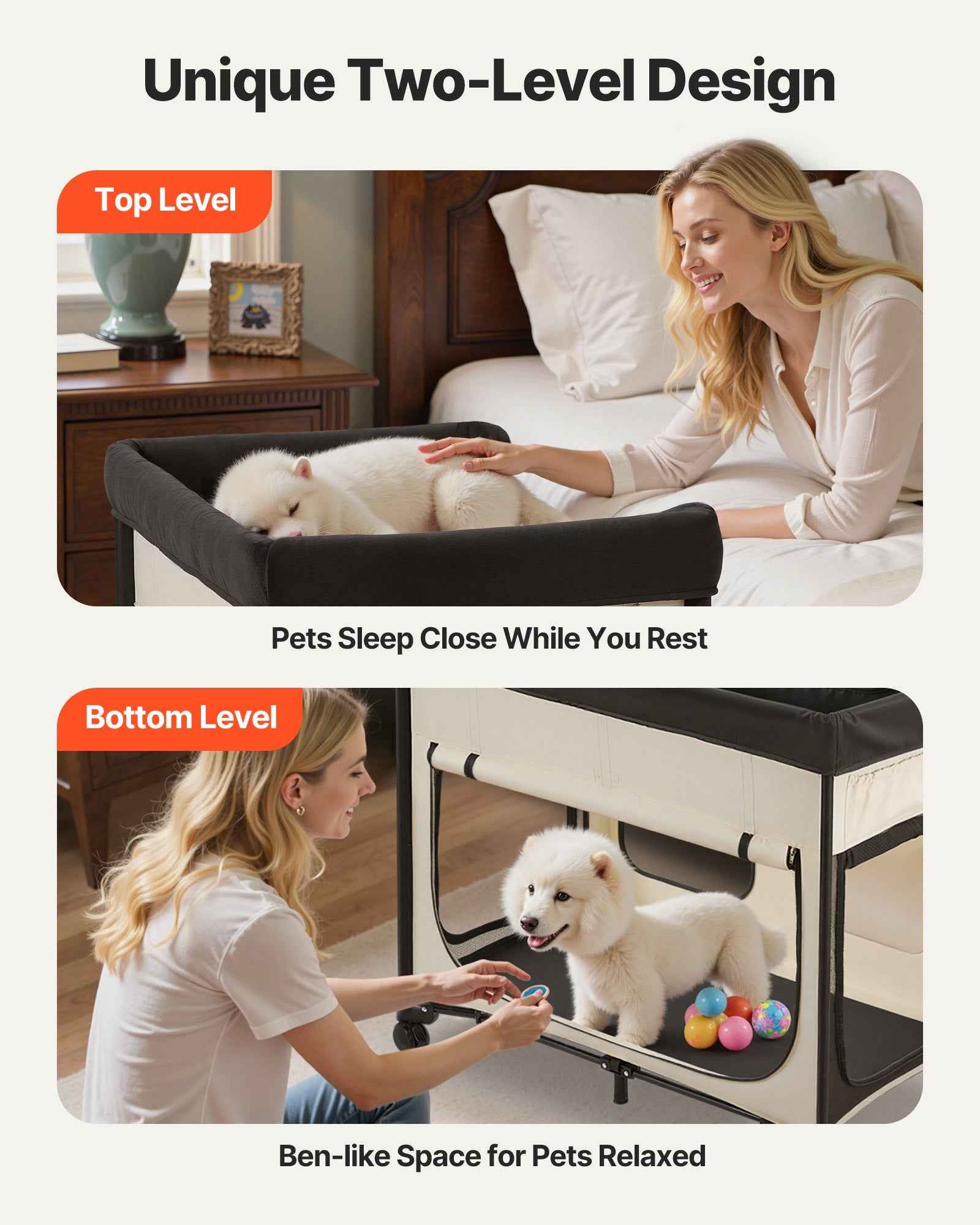 Elevated Bunk Dog Bed - Dual Level Bedside with Wheels