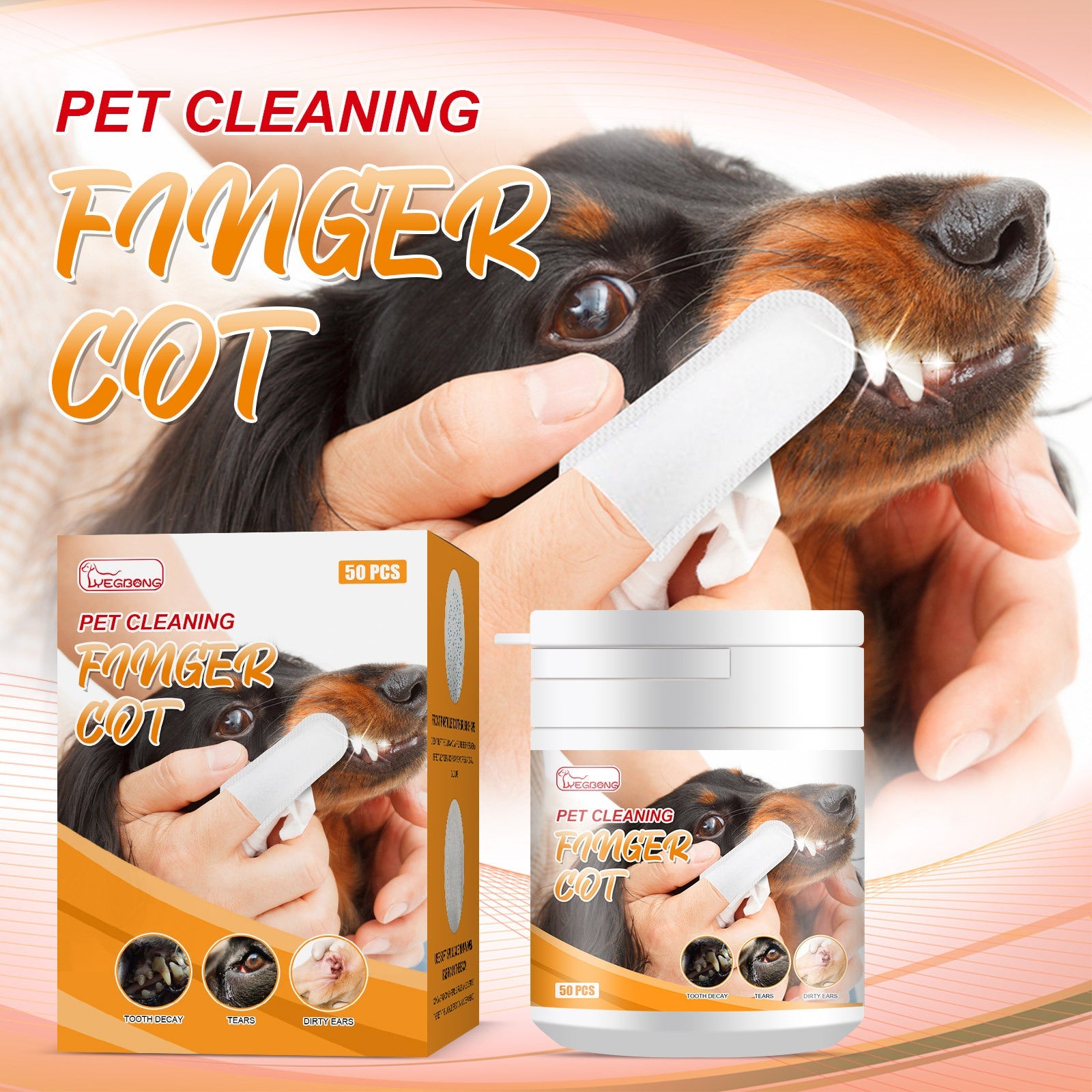 Pet Dental Finger Wipes 50 Pack - Teeth Ear and Tear Stain Cleaner