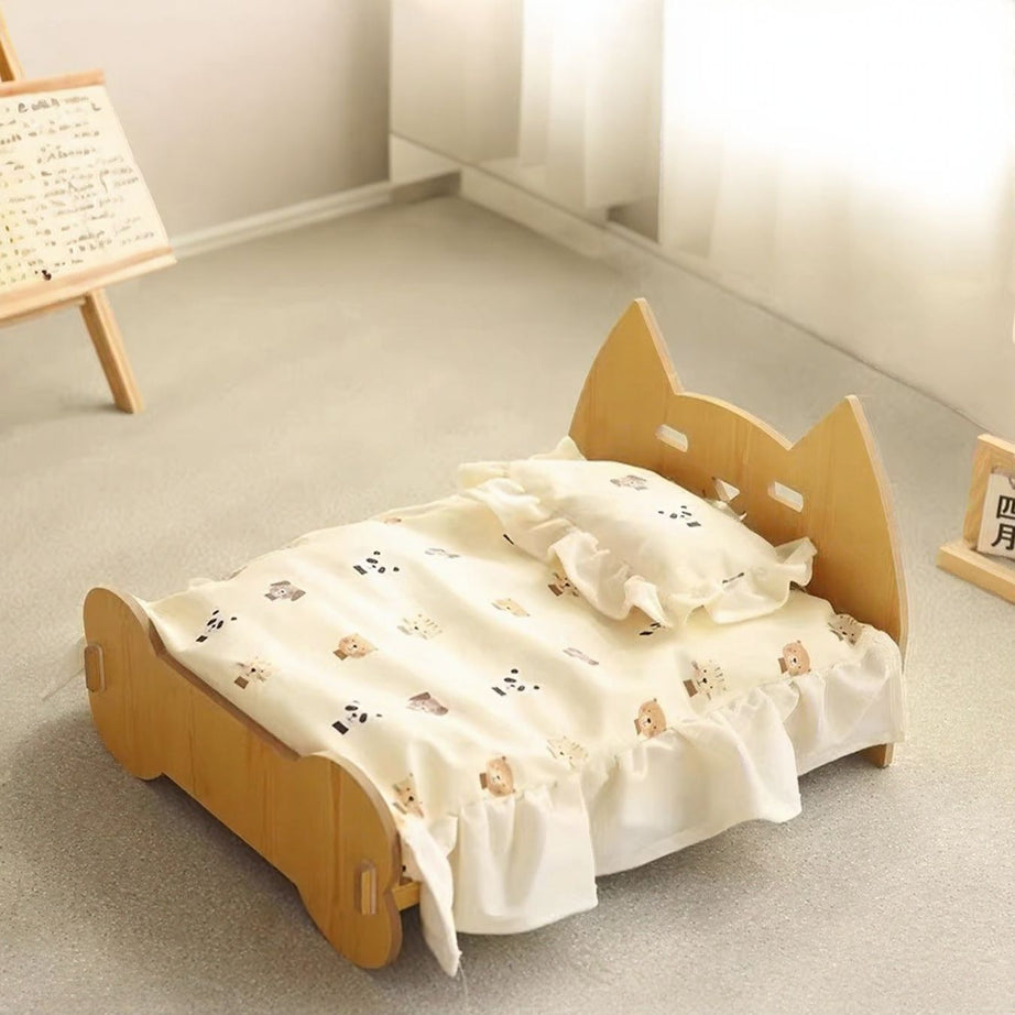 Wooden Pet Bed Frame - Miniature Bear Headboard with Bedding Set