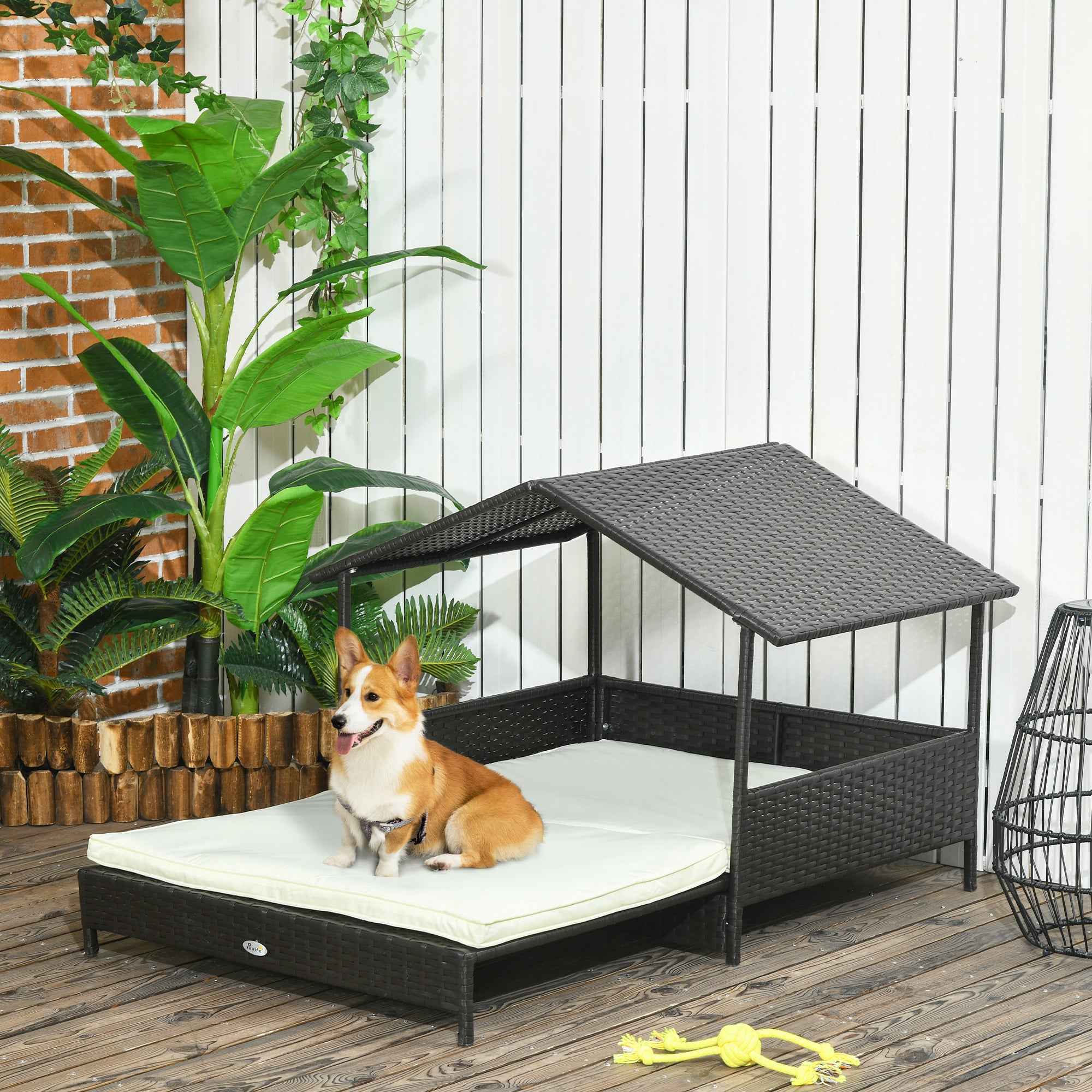 Dog Bed Outdoor Wicker - Waterproof Roof Extendable