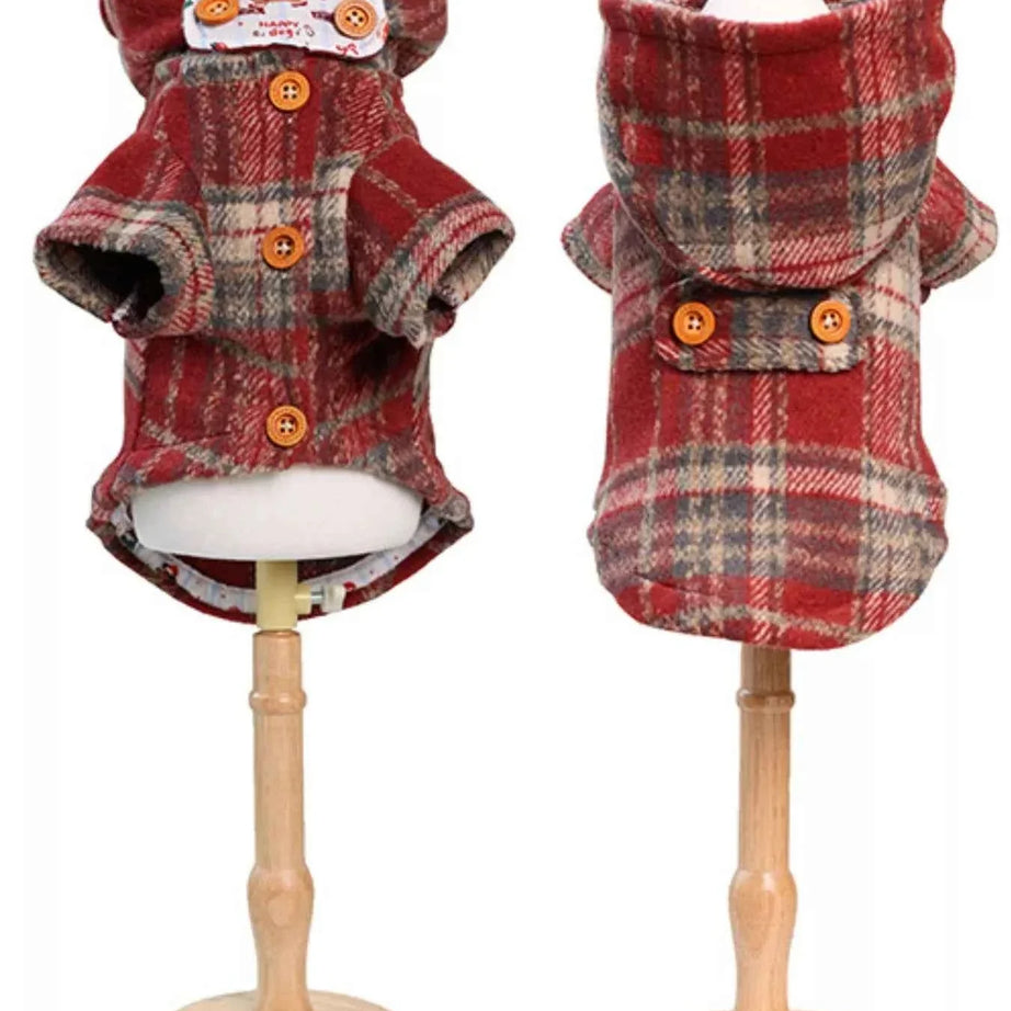 Pet Coat with Hood - Plaid Button-Down Jacket