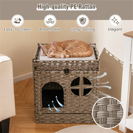 2-Tier Wicker Cat Condo With Litter Mat - Hidden Litter Box Enclosure