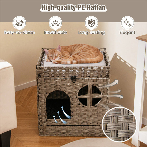 2-Tier Wicker Cat Condo With Litter Mat - Hidden Litter Box Enclosure