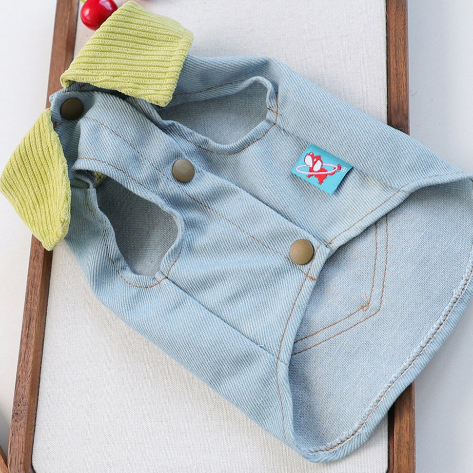 Dog Denim Flower Vest - Embroidered Pocket with Turtleneck Collar
