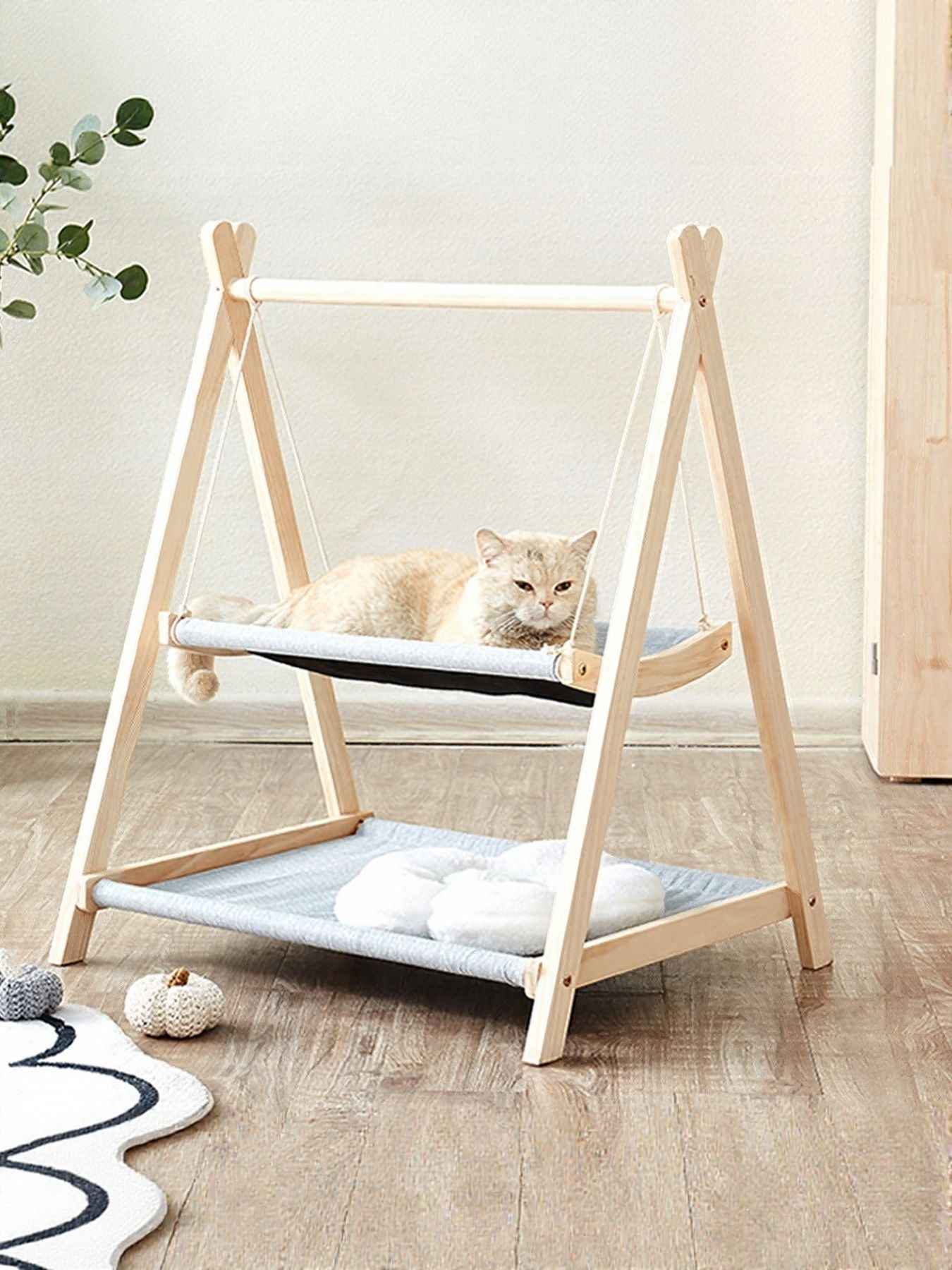 Cat Triangle Hammock Wooden Frame - Scandinavian Floor Stand Bed