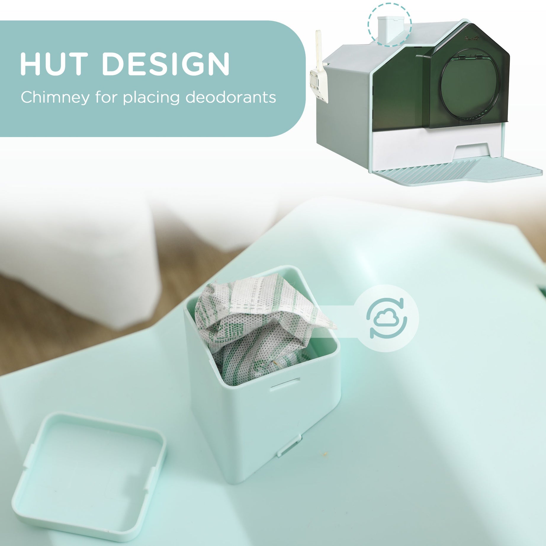 Cat Litter Box Hooded House - Drawer Clean Mat Scoop Included