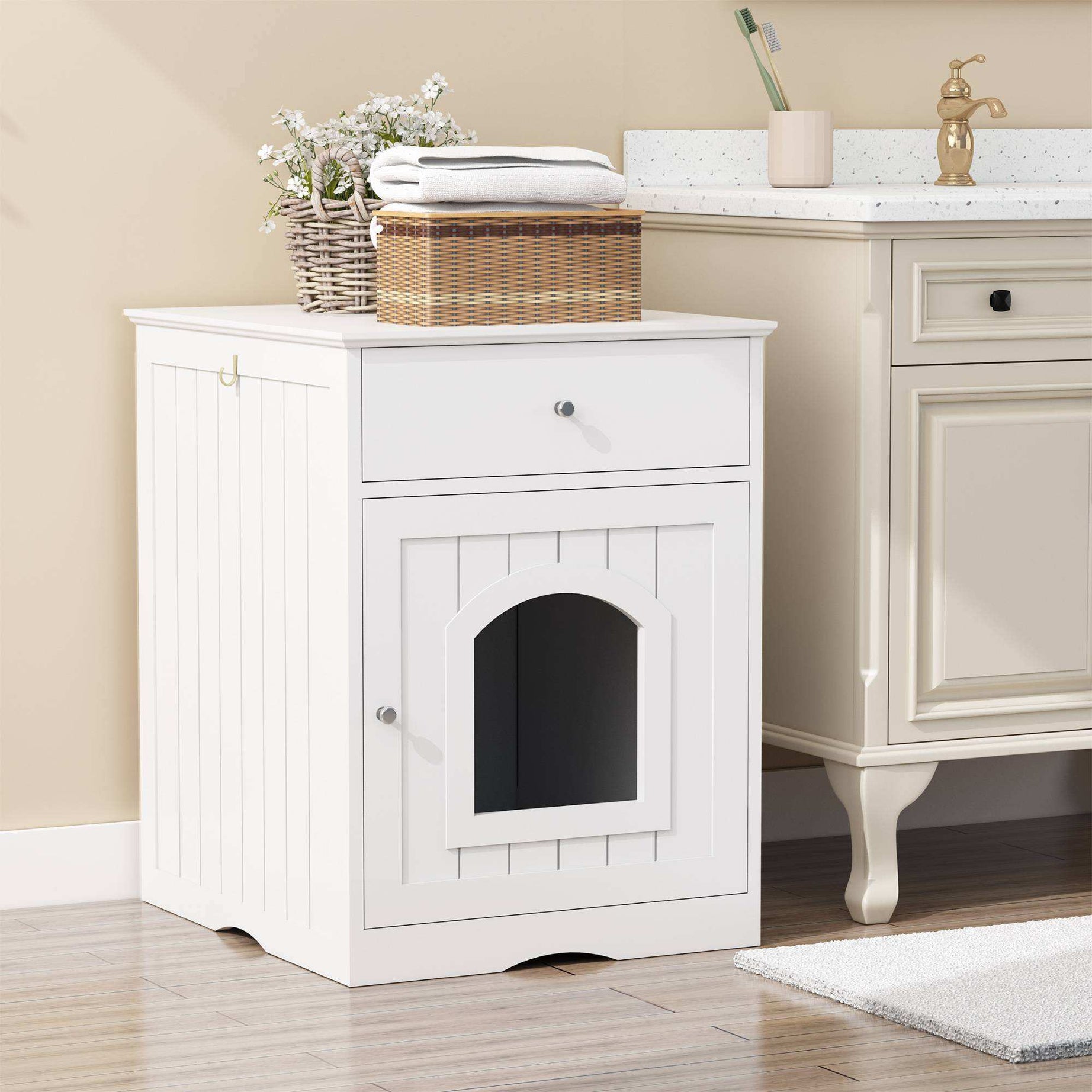 Wooden Pet House Cat Litter Box Enclosure With Drawer Side Table Cat Home Nightstand