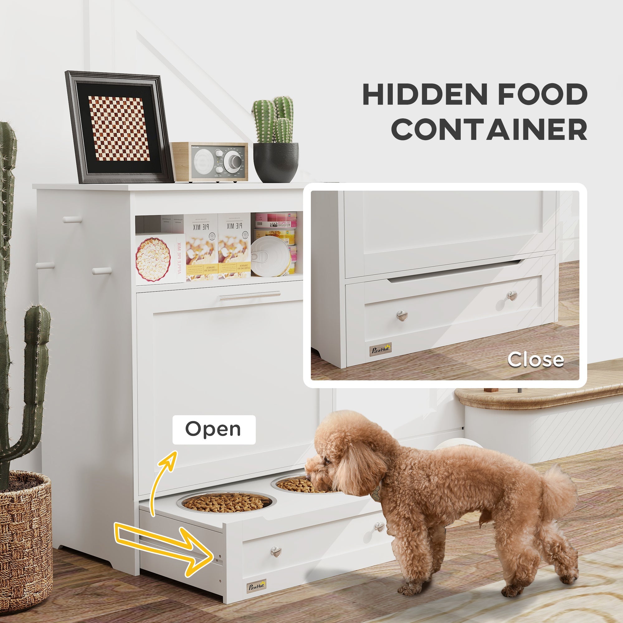 Pet Feeder Station Cabinet - Raised Bowls Storage Hooks