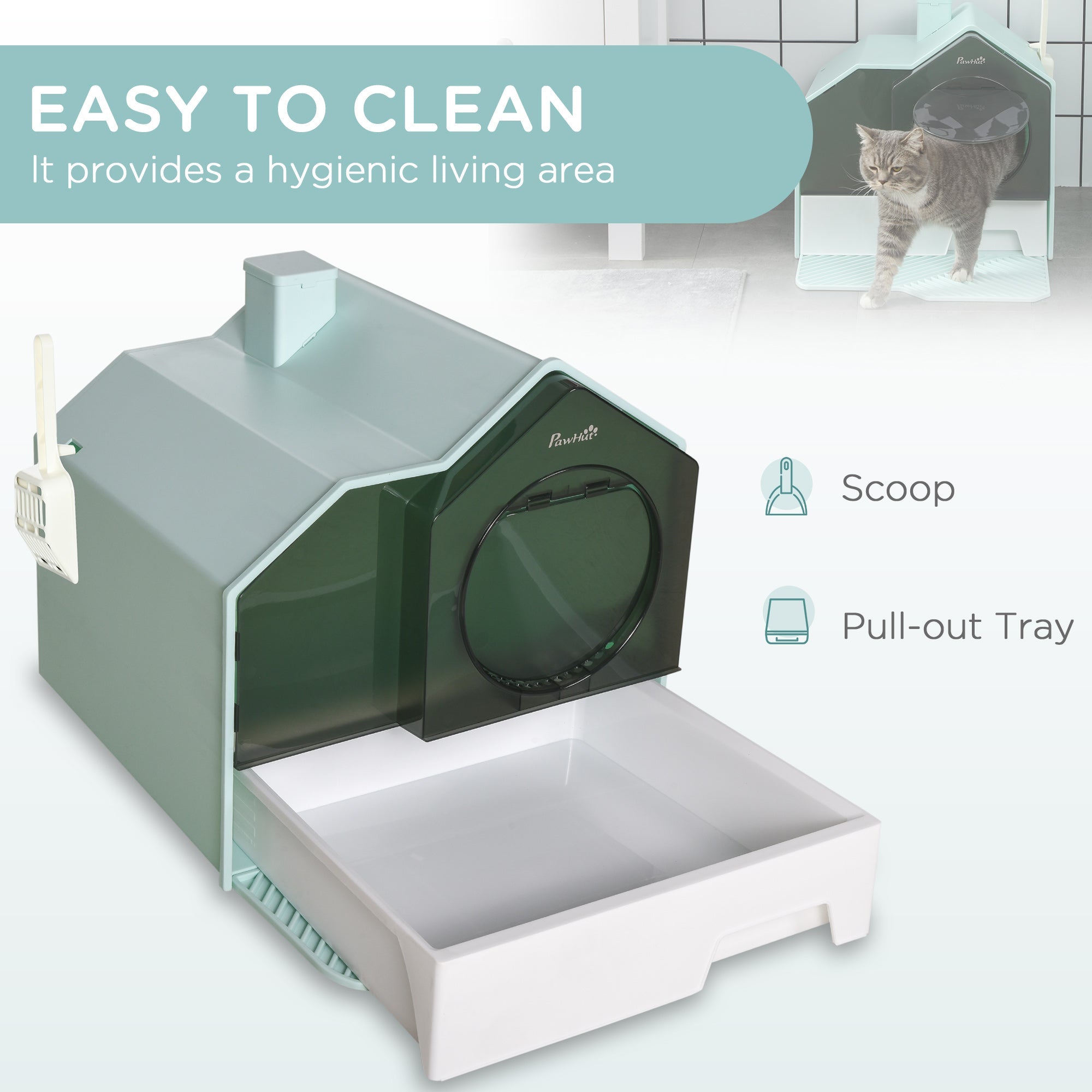 Cat Litter Box Hooded House - Drawer Clean Mat Scoop Included