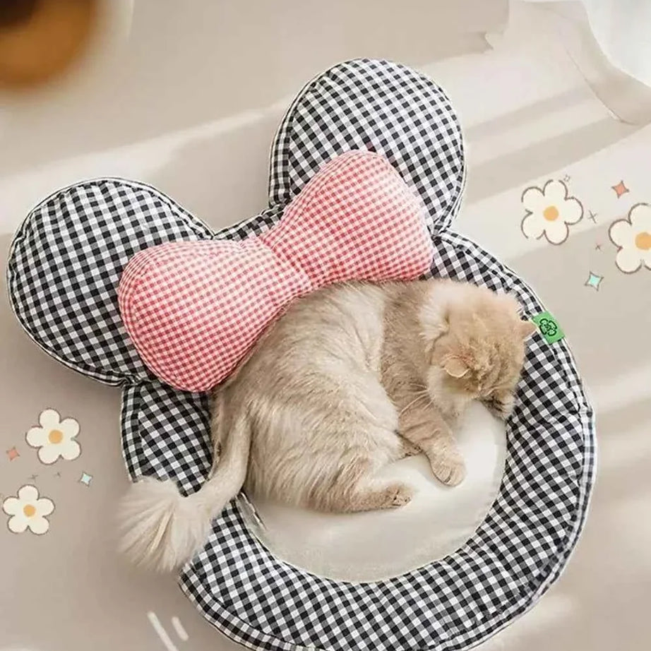 Pet Mat with Bow - Cartoon Plaid Design Bed