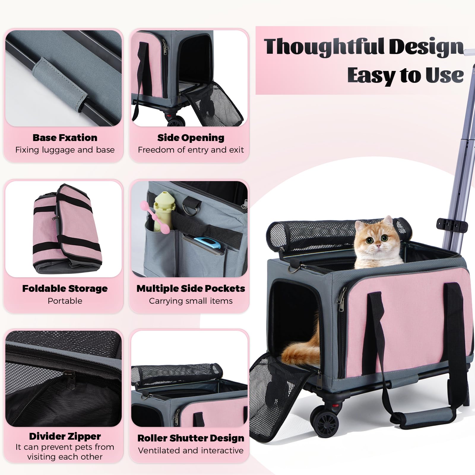 Rolling Pet Carrier with Wheels - 3-Sided Expandable Travel Bag Cats Dogs