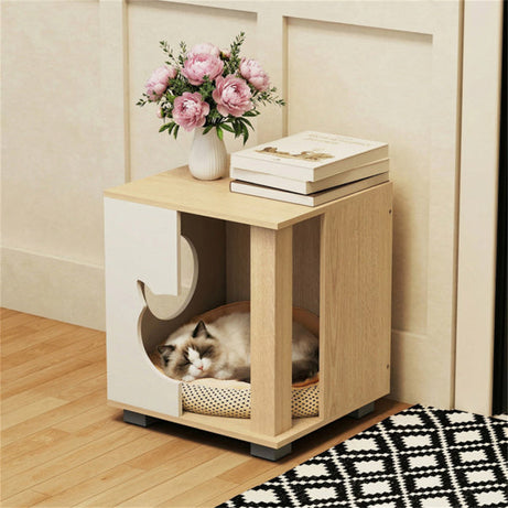 Multipurpose Wooden Cat House Nightstand, Sturdy Metal Base Anti-Slip Pet Furniture
