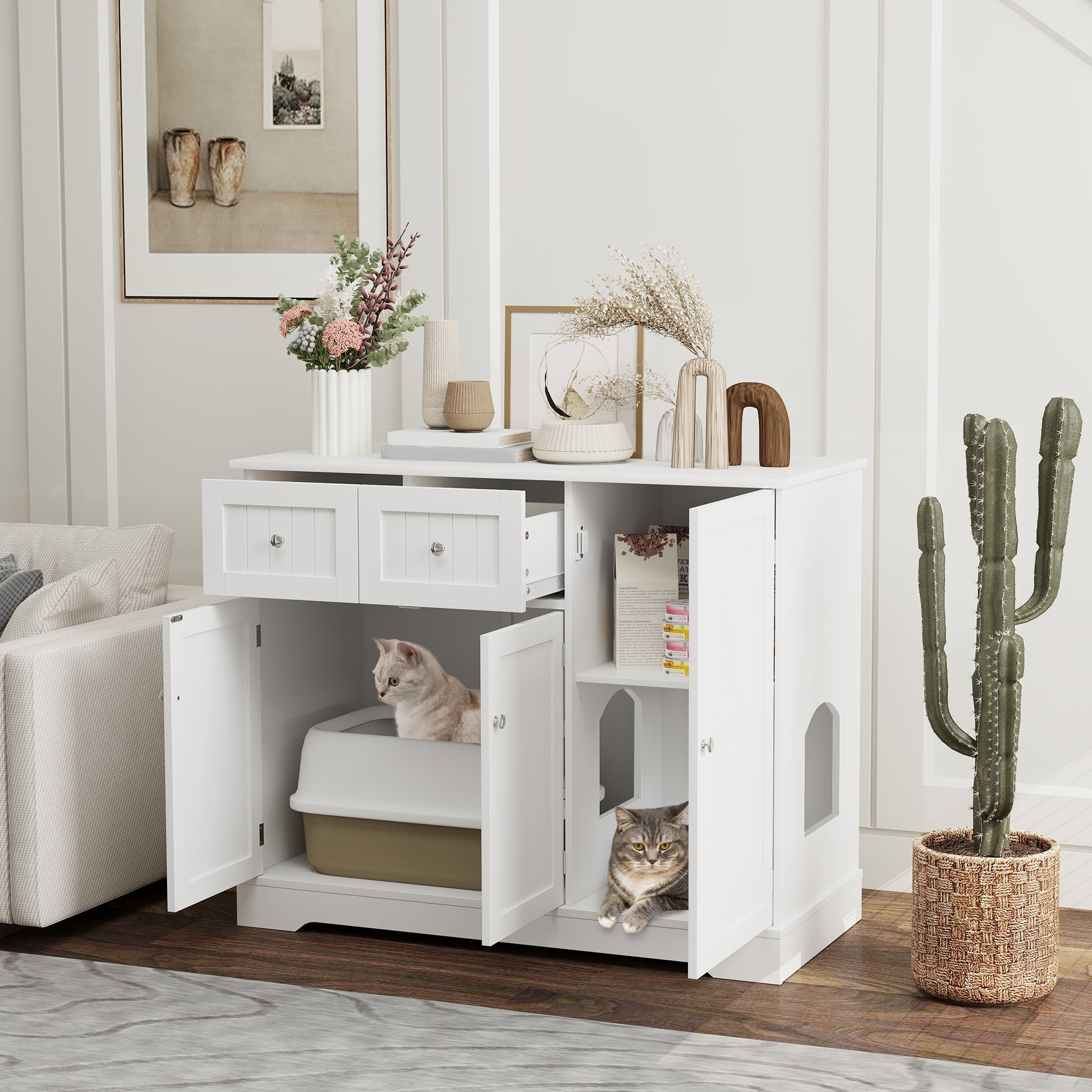 White Cat Litter Box Enclosure - Drawers and Storage