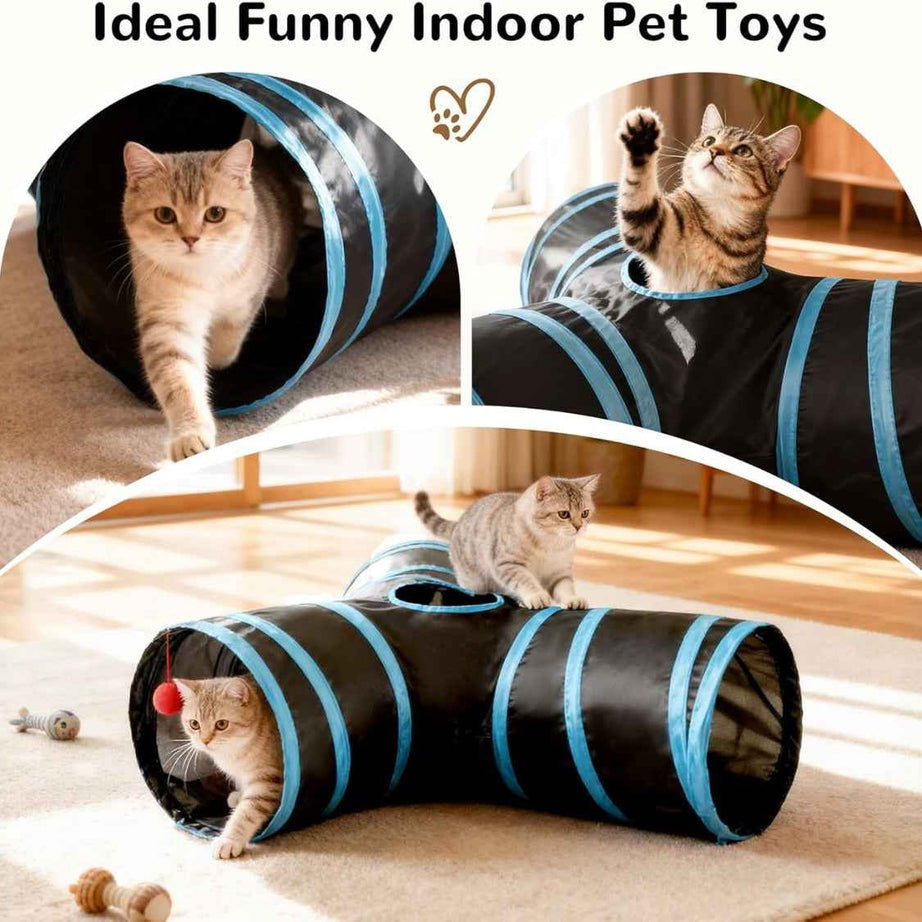 Cat Tunnel Toy 3-Way Collapsible - Peek Holes Teaser Wand Indoor Play