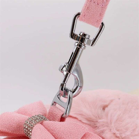 Warm Fur Collar Soft Padded Small Girl Pet Harness and Leash Set with Bow Tie