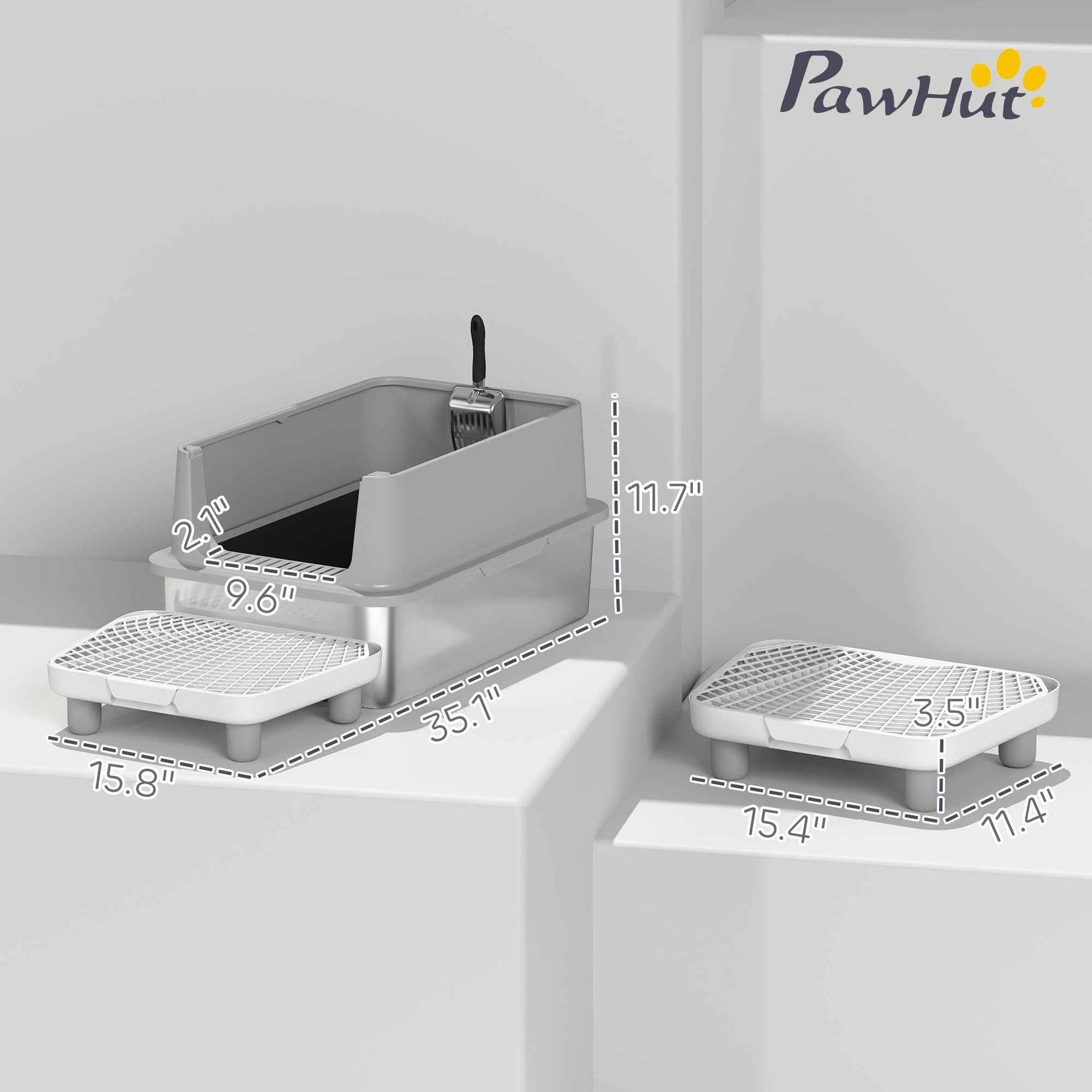 Cat Litter Box XL Stainless Steel - Anti-Leak High Walls Scoop and Pad