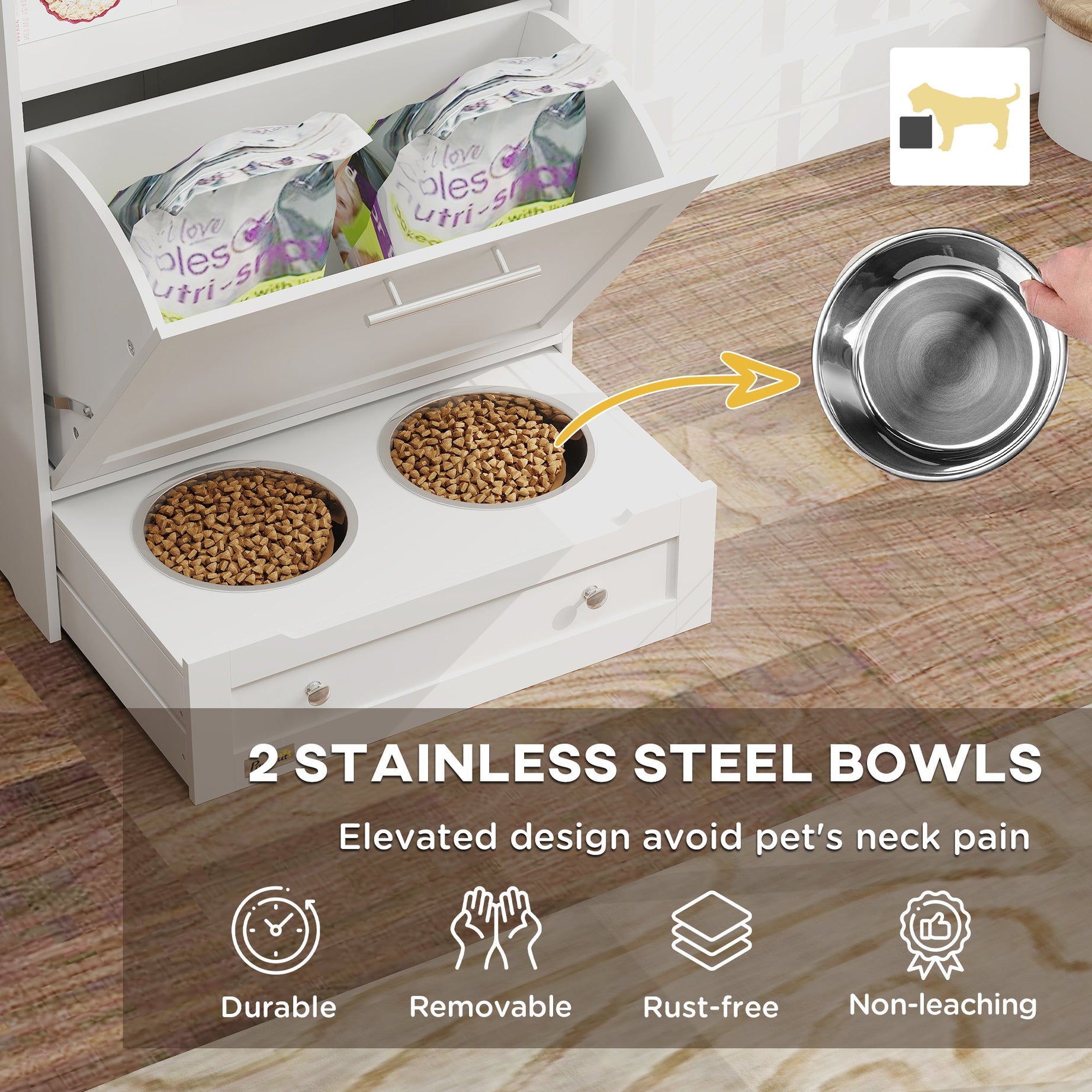 Pet Feeder Station Cabinet - Raised Bowls Storage Hooks