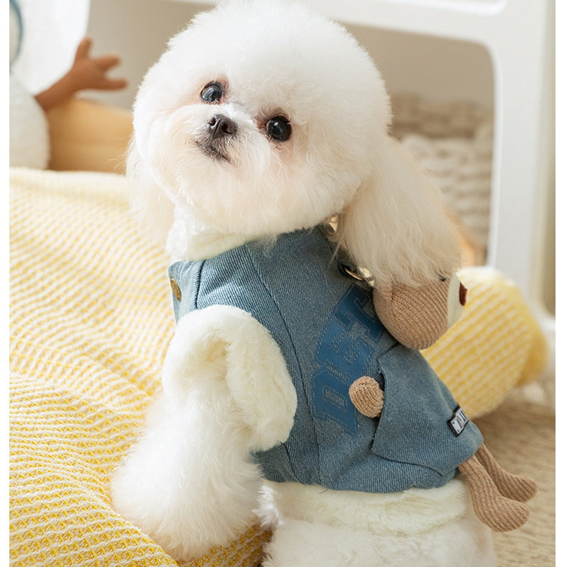 Teddy Bear Denim Vest - Dog Winter Coat with Plush Toy