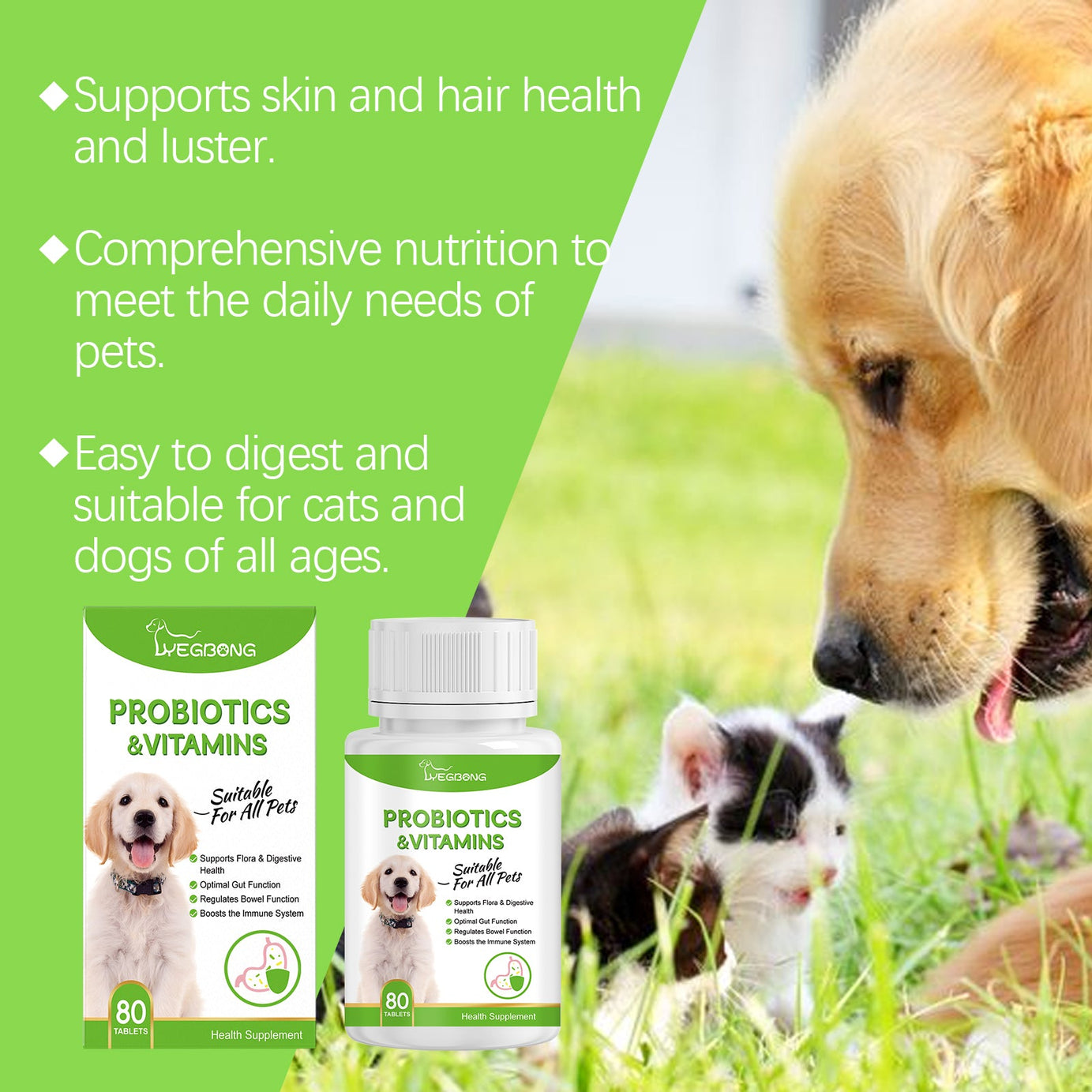 Pet Probiotic Vitamin Tablets 80 Count - Gut Health Dogs and Cats