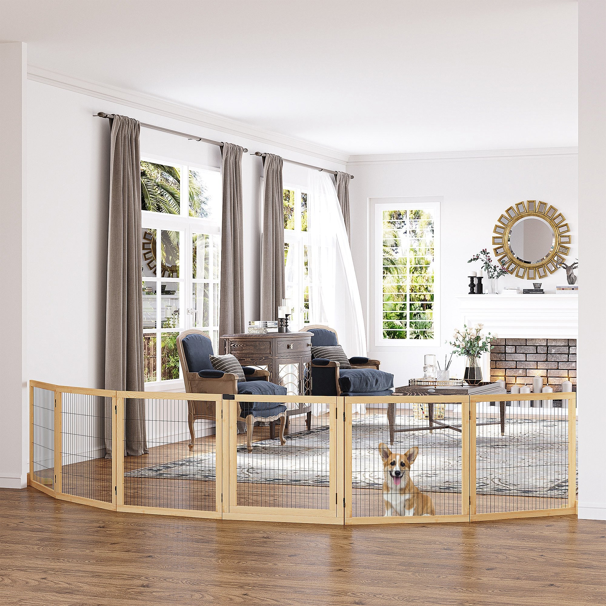 Freestanding Pet Gate 6-Panel - Wooden Dog Barrier for Doorways