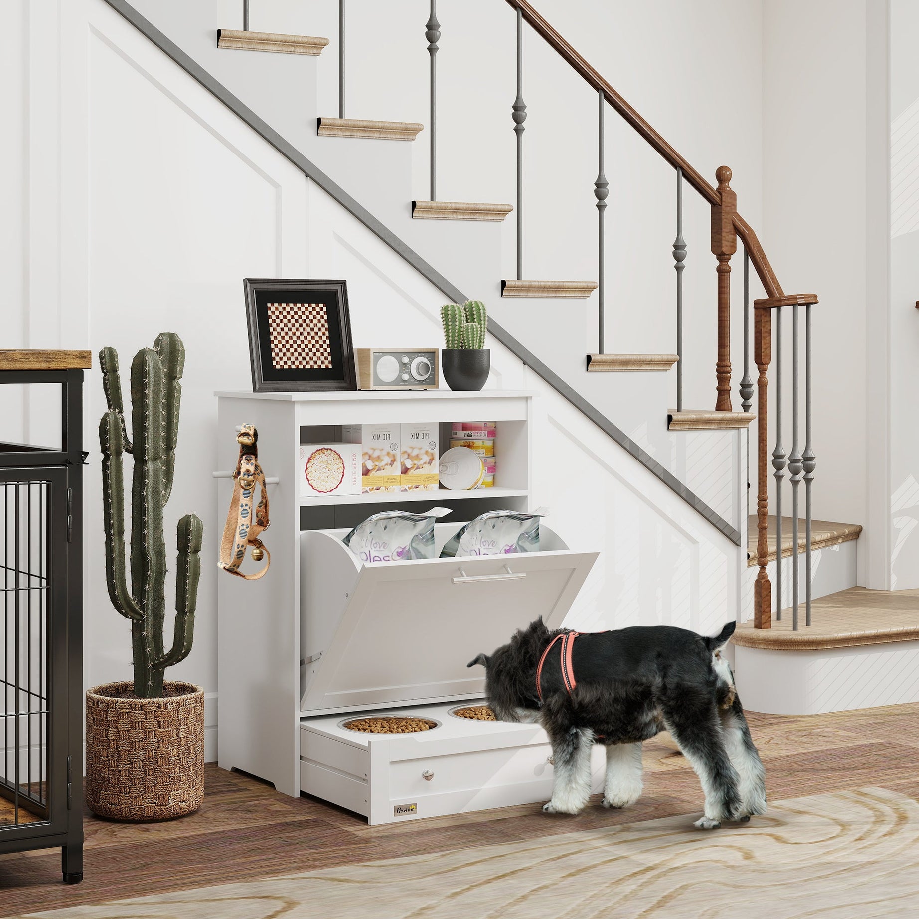 Pet Feeder Station Cabinet - Raised Bowls Storage Hooks