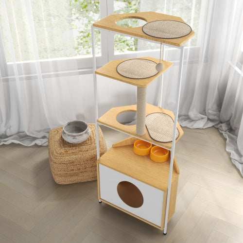 Cat Apartment With Feeding Station And Climbing Platform, Pet Furniture For Indoor Cats
