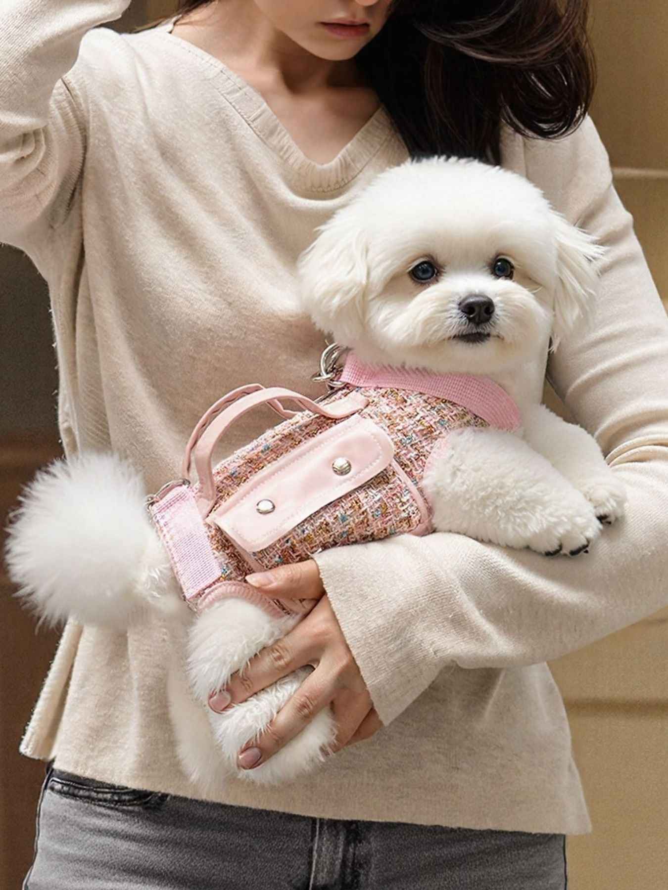 Tweed Pet Harness with Strap - Chic Carry Handle