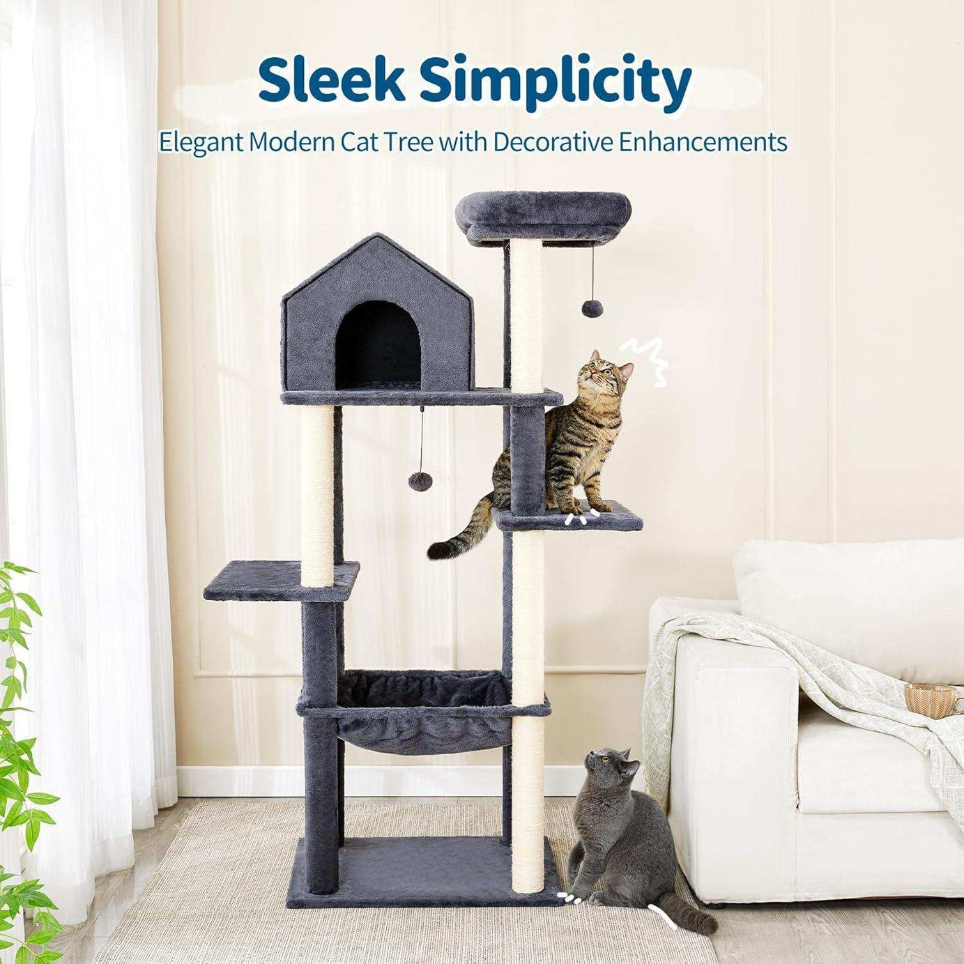 60 Inch Multi-Level Cat Tree For Indoor Cats With Plush Hammock