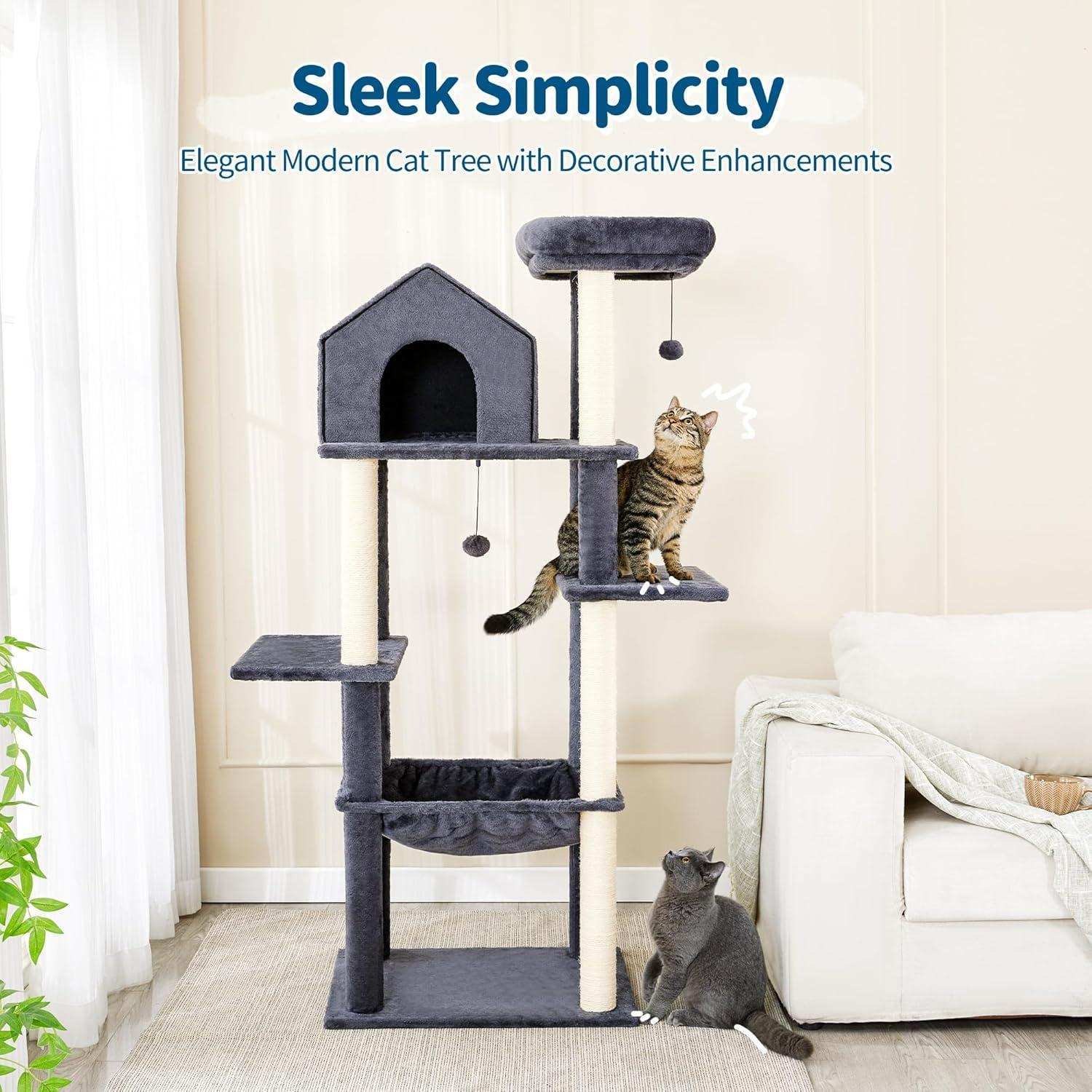 60 Inch Multi-Level Cat Tree For Indoor Cats With Plush Hammock