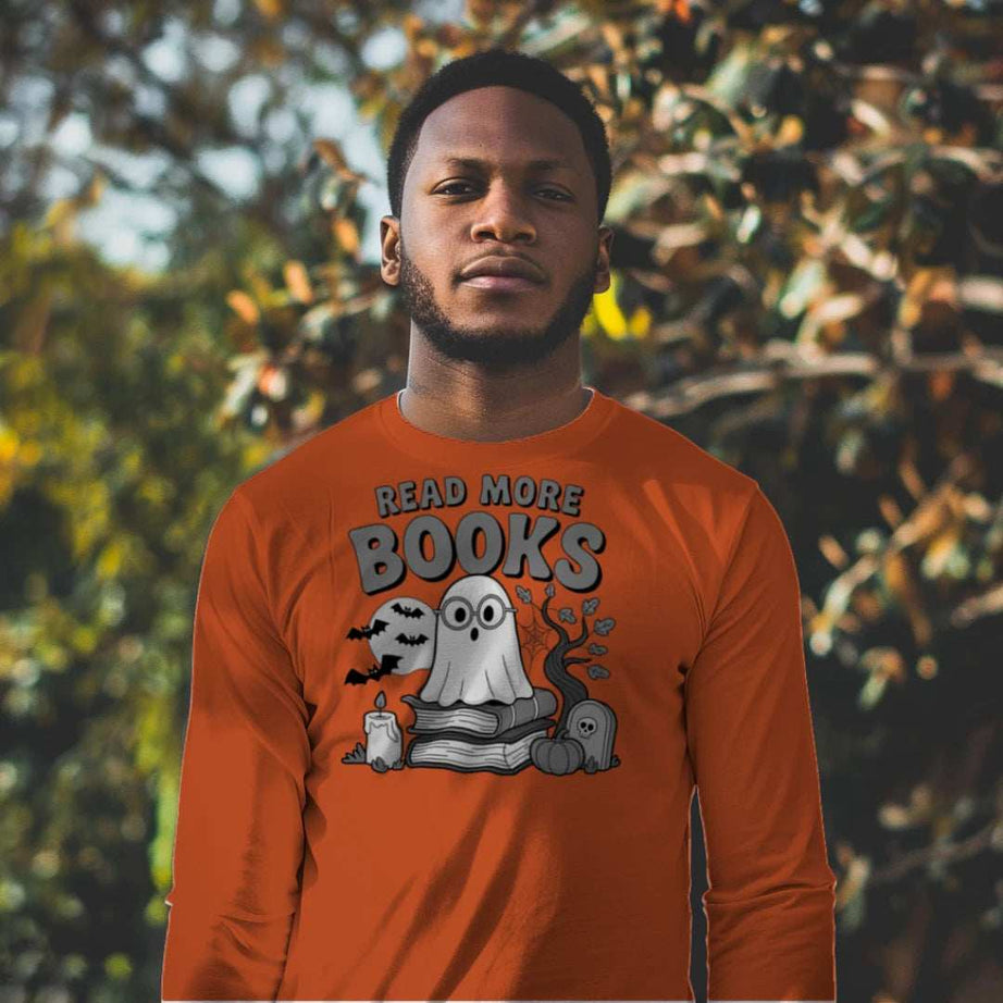 Read More Books Cute Ghost Orange Long Sleeve Shirt - Bookworm Halloween Tee