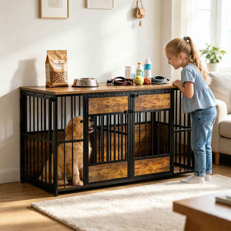 Dog Crate Furniture - Double Compartment Kennel with Storage Top 47 Inch