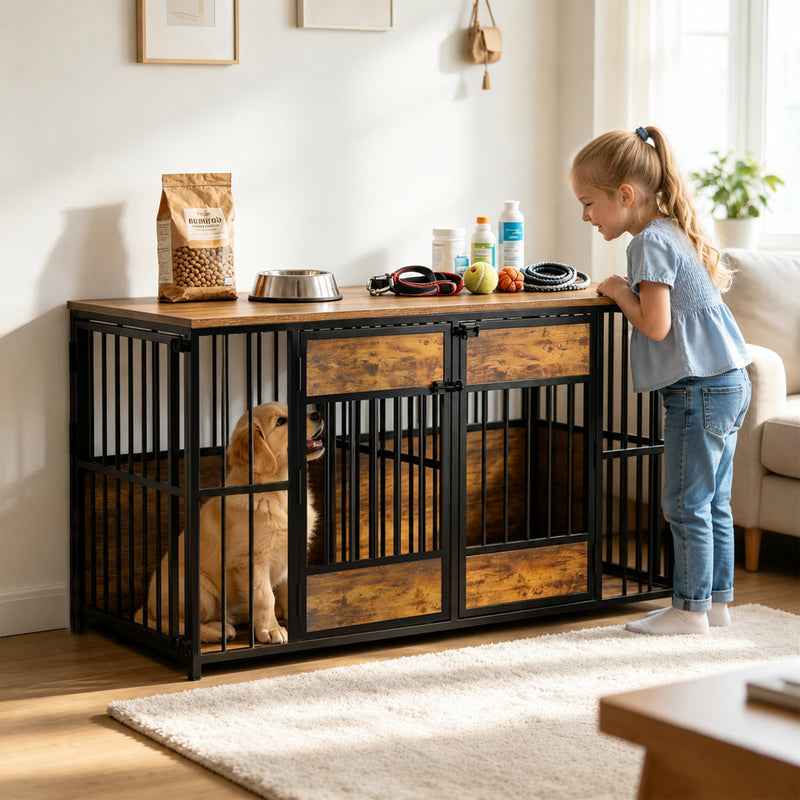 Dog Crate Furniture - Double Compartment Kennel with Storage Top 47 Inch