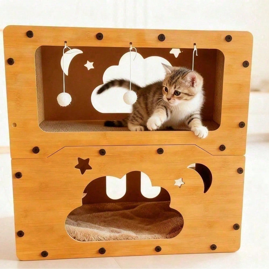 2-Tier Corrugated Cardboard Cat House & Scratcher Lounge Villa