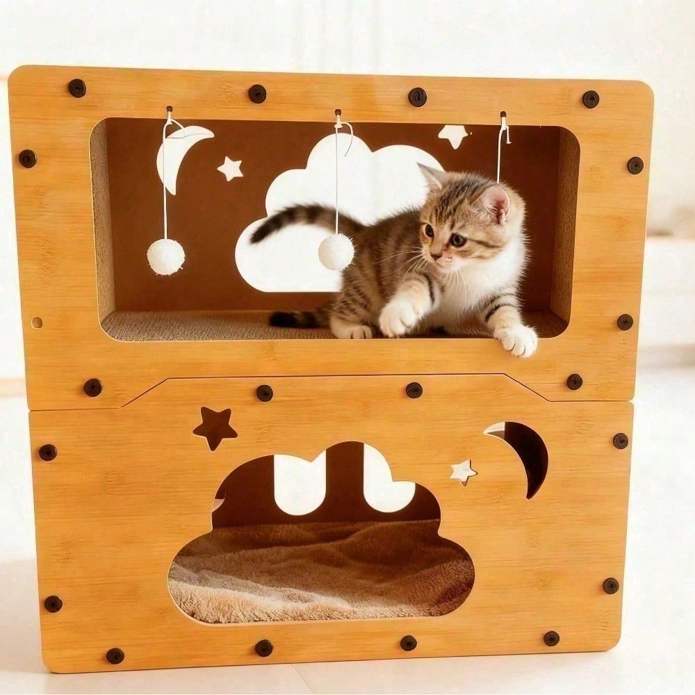 2-Tier Corrugated Cardboard Cat House & Scratcher Lounge Villa